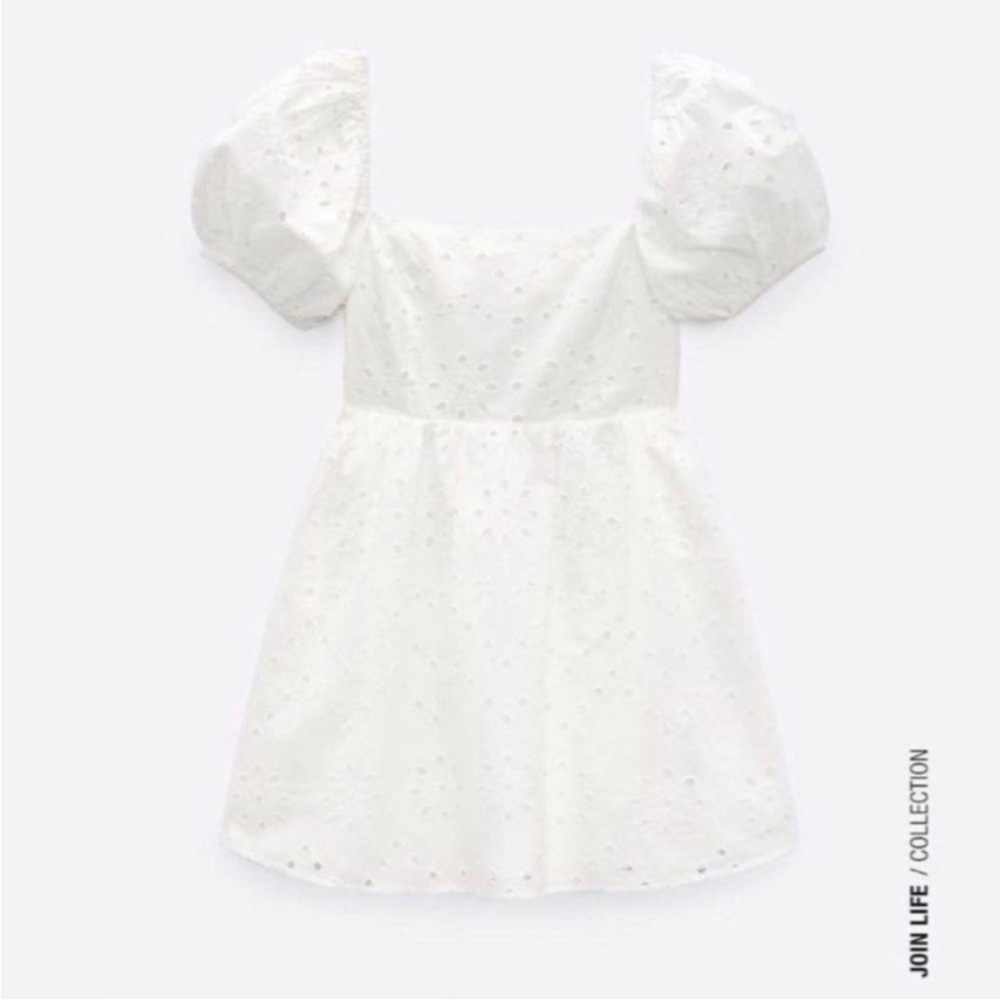 ZARA Puffy Sleeve Open Work Embroidery White Mini Babydoll Dress